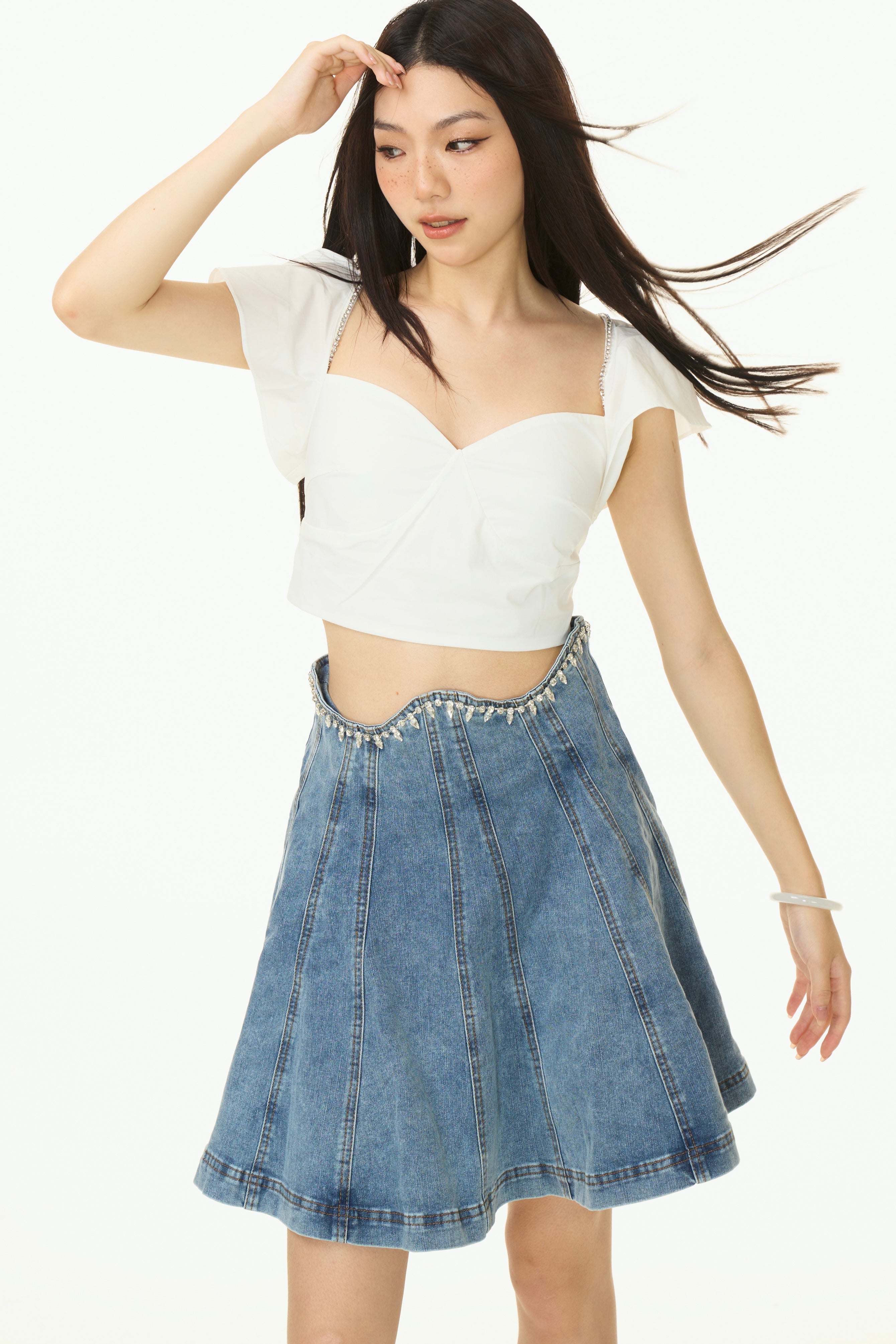Shinny High-Waist Denim Skirt