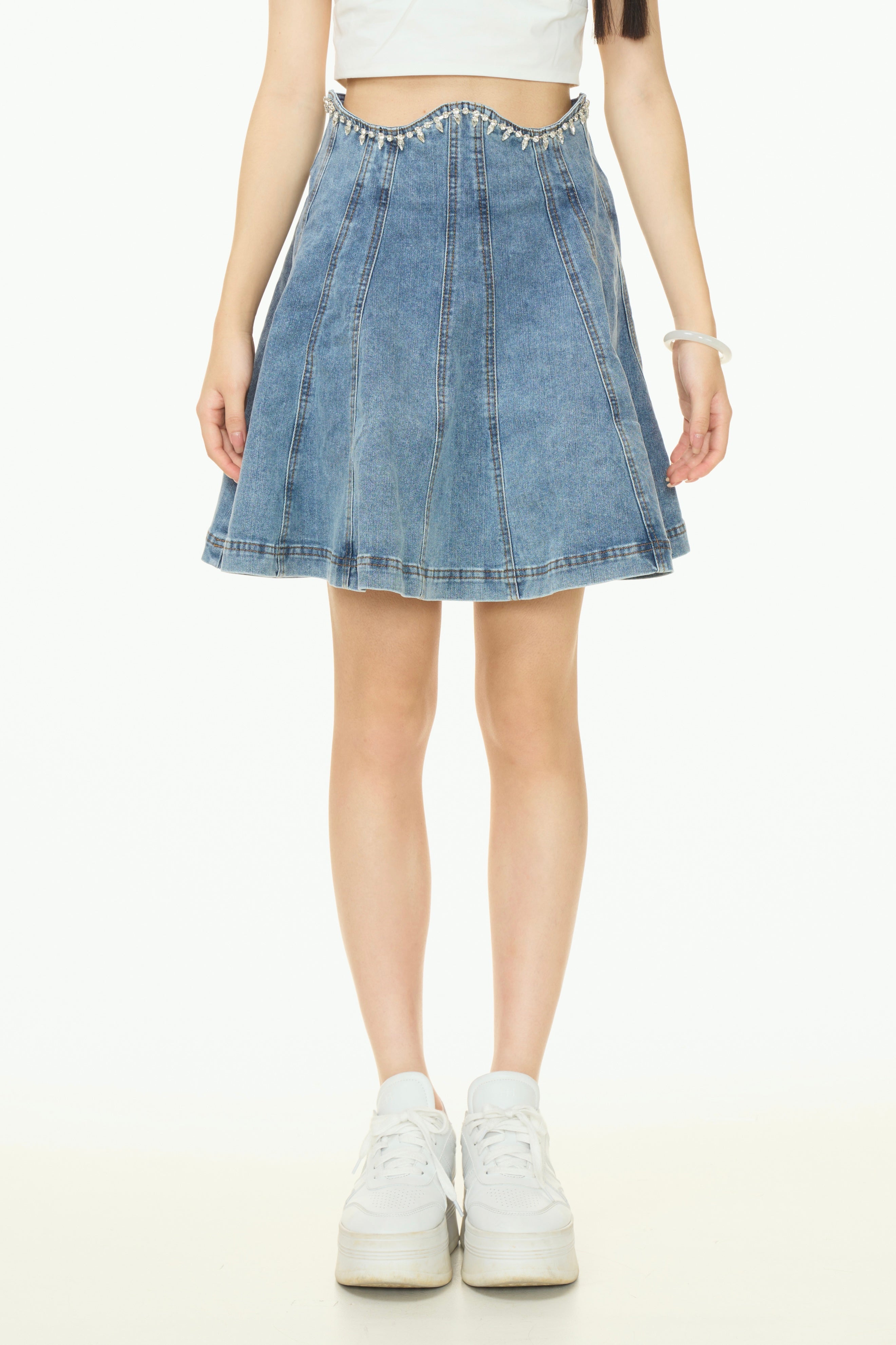 Shinny High-Waist Denim Skirt