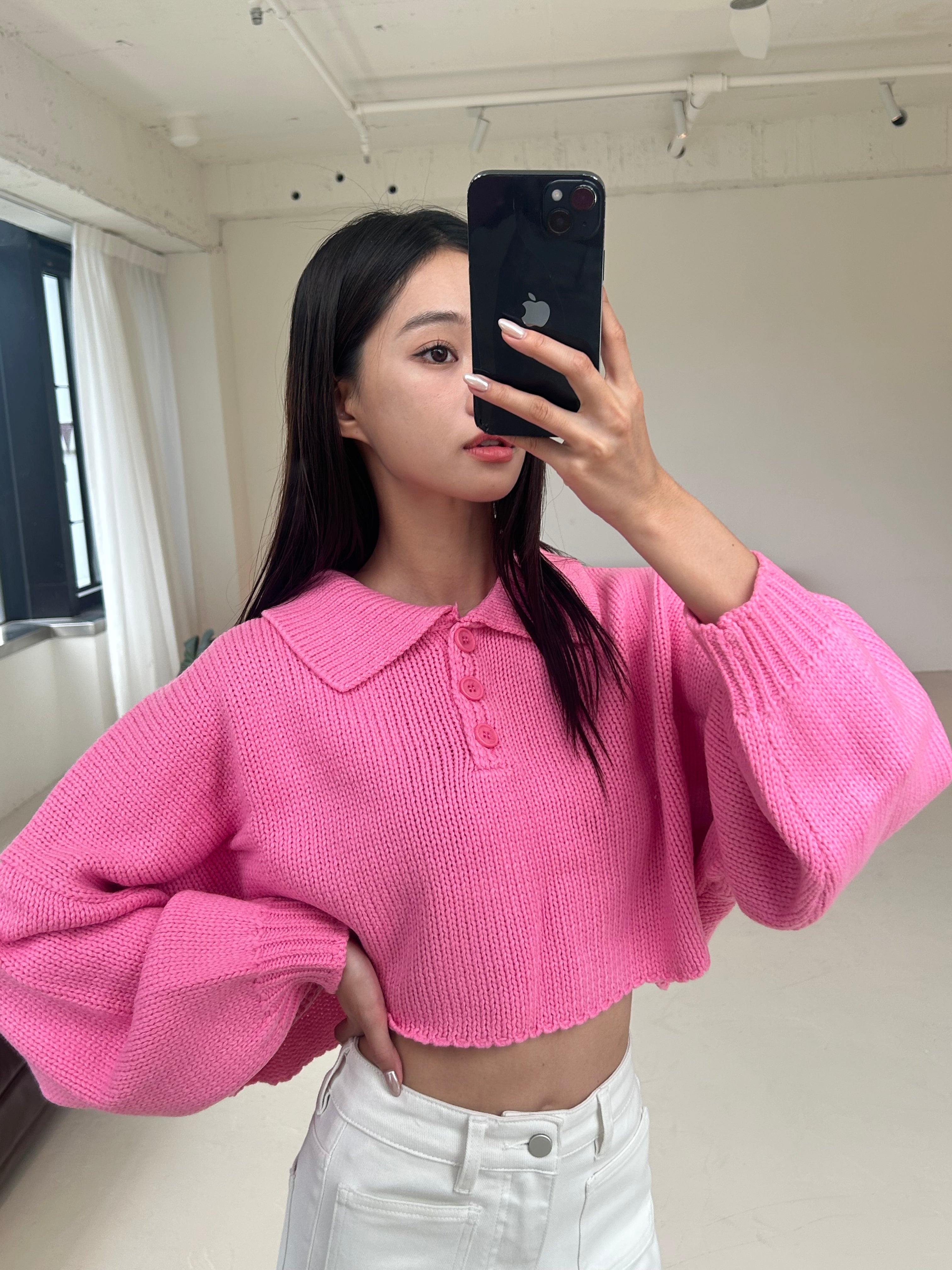 翻領排釦針織上衣<br>Button-collar Sweater