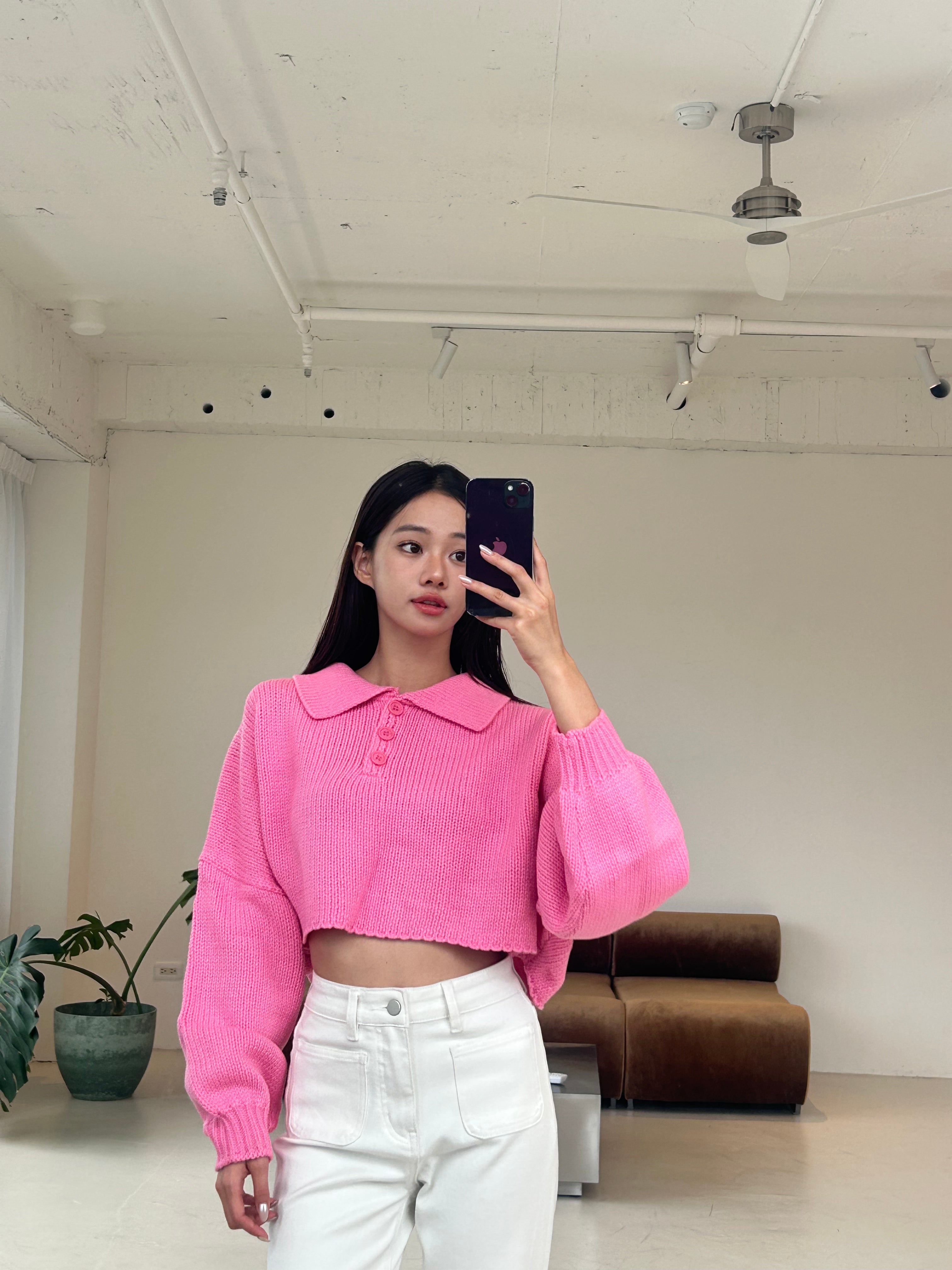 翻領排釦針織上衣<br>Button-collar Sweater