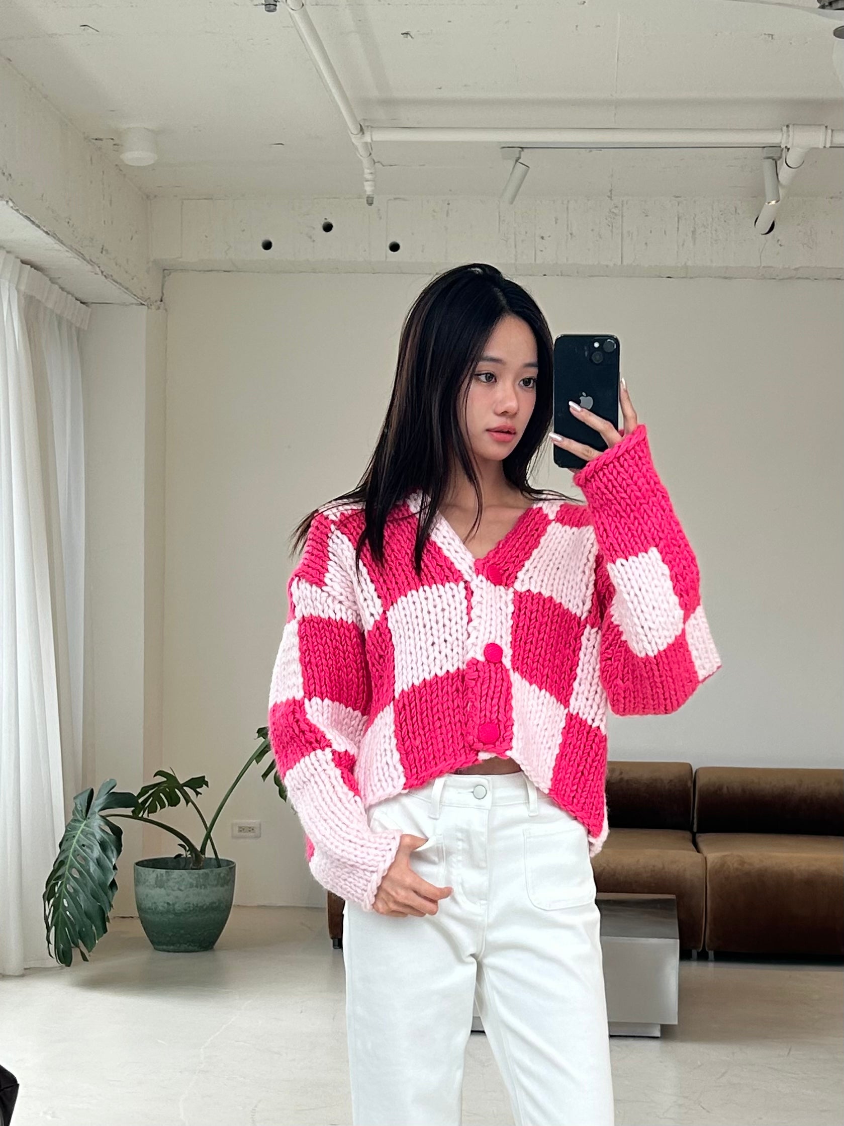 格子粗編織外套<br>Square Crochet Cardigan