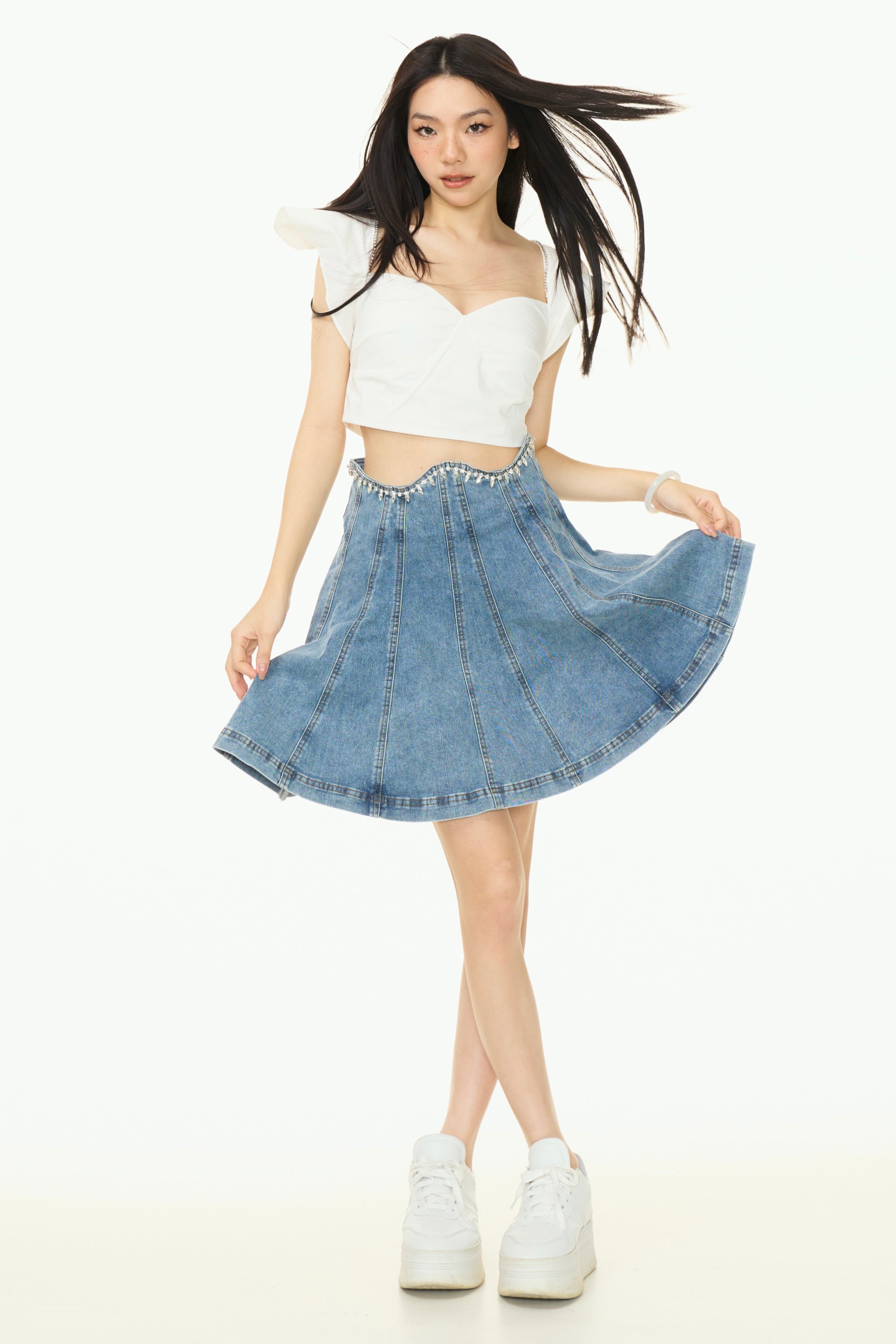 Shinny High-Waist Denim Skirt